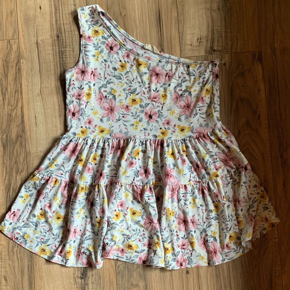 Women's Be Stage One Shoulder Floral Print Ruffle Tiered Sleeveless Tank Top M